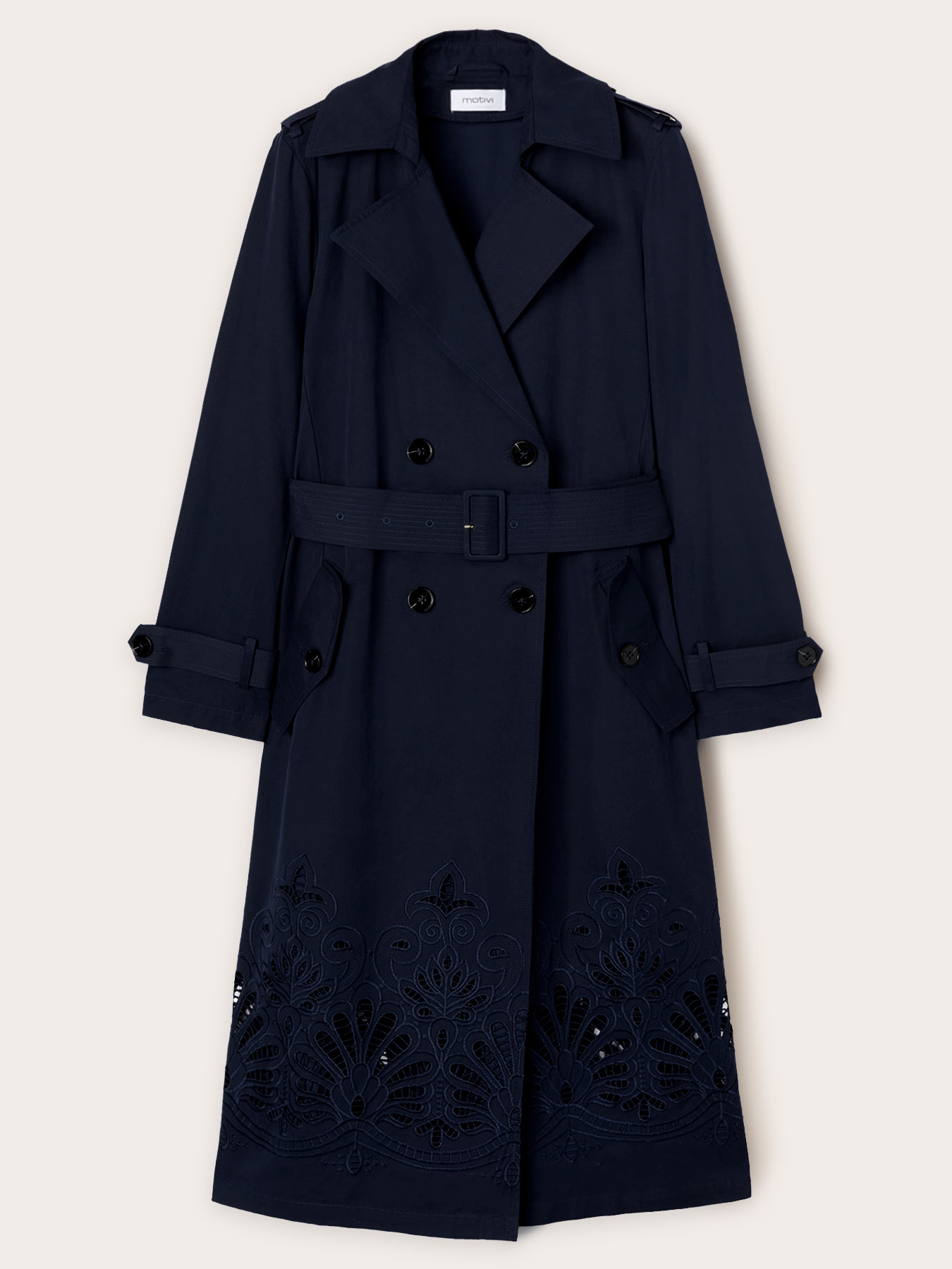 Zweireihiger Trenchcoat aus technischem Gewebe mit Stickerei image number 4