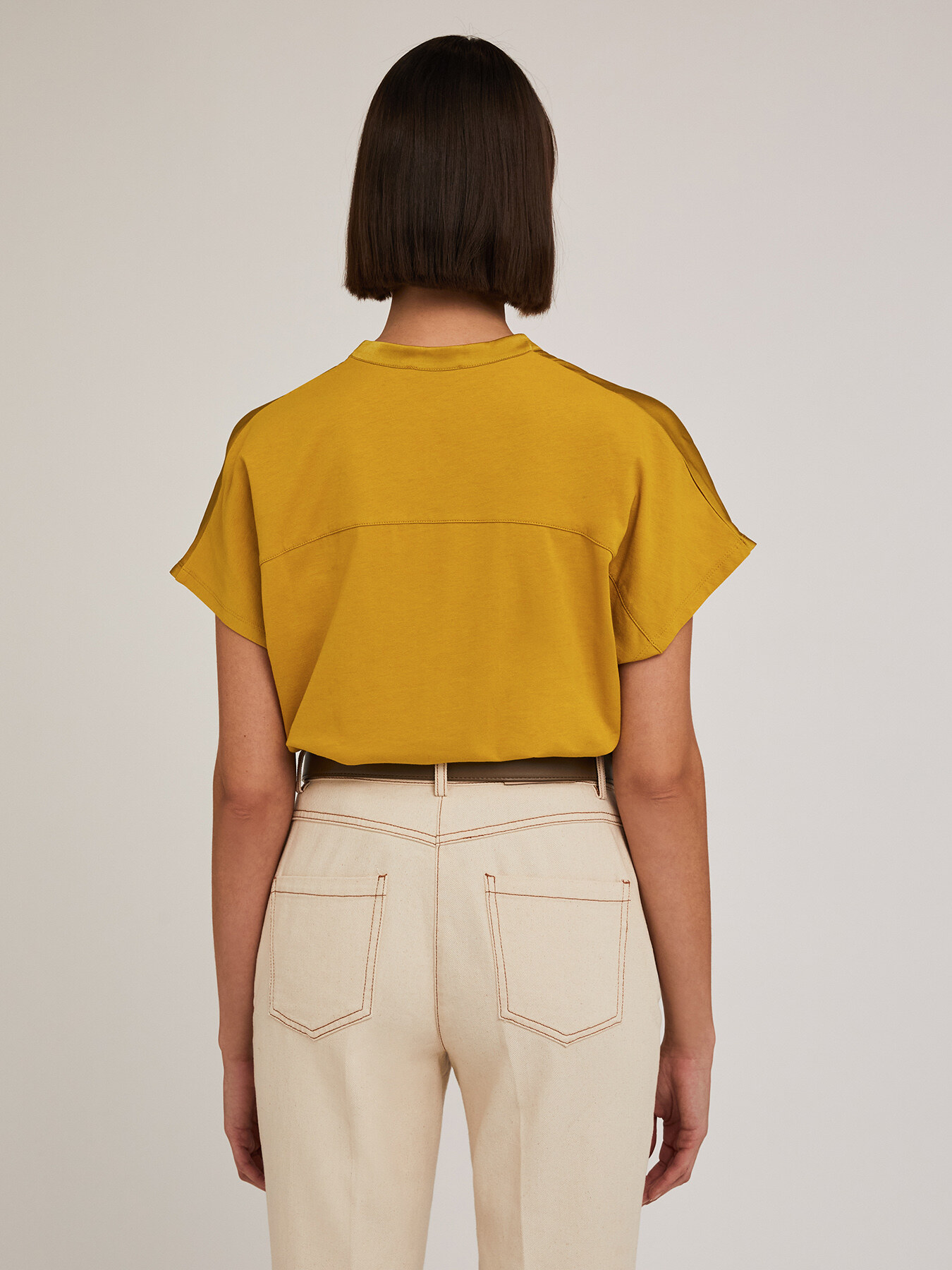 Mandarin collar dual-fabric blouse image number 1