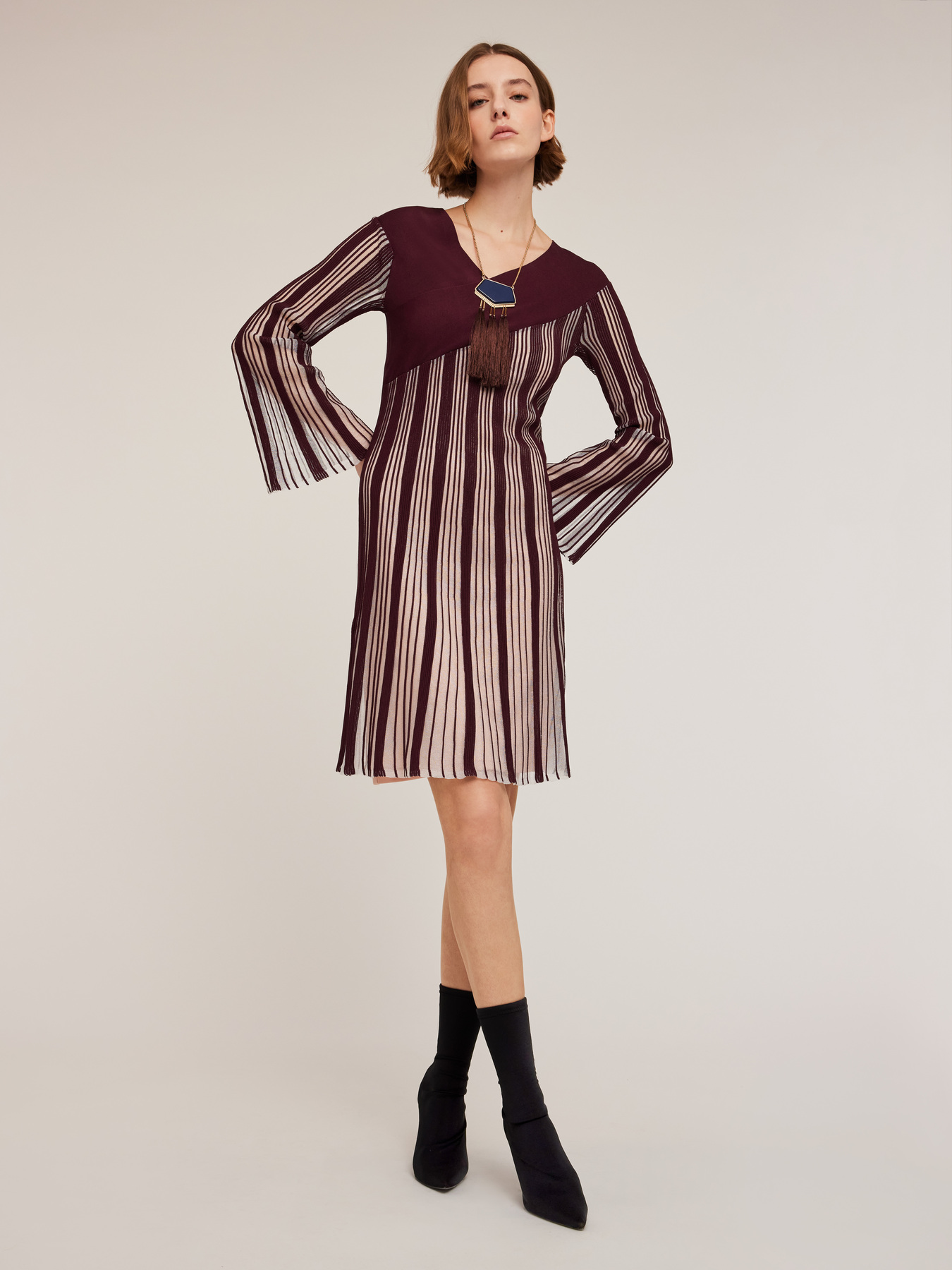Pleated effect lurex knit striped dress image number 0