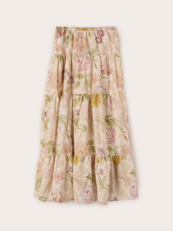 Jupe longue &agrave; volants motif &agrave; fleurs