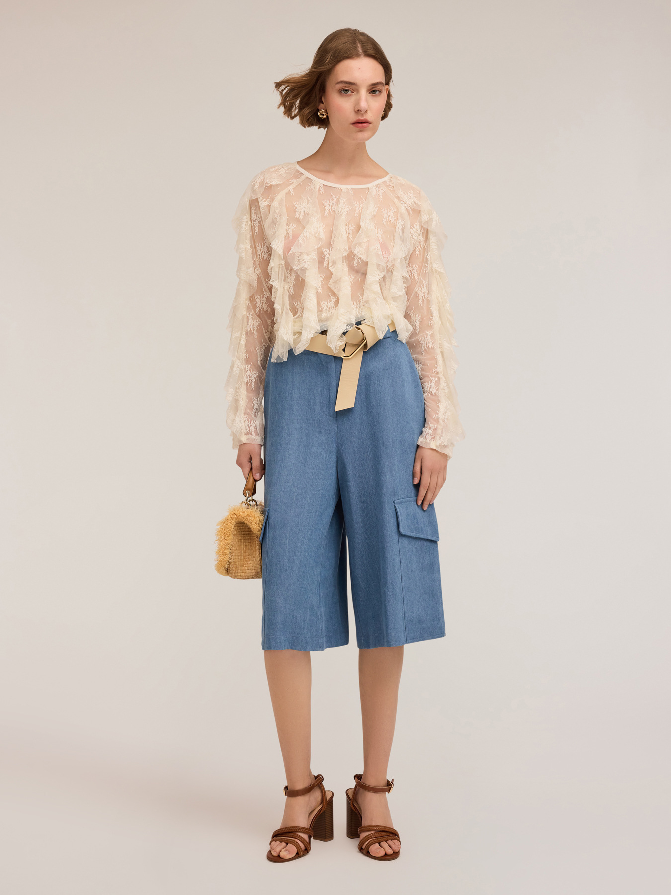 Long-sleeved lace blouse with ruching image number 2