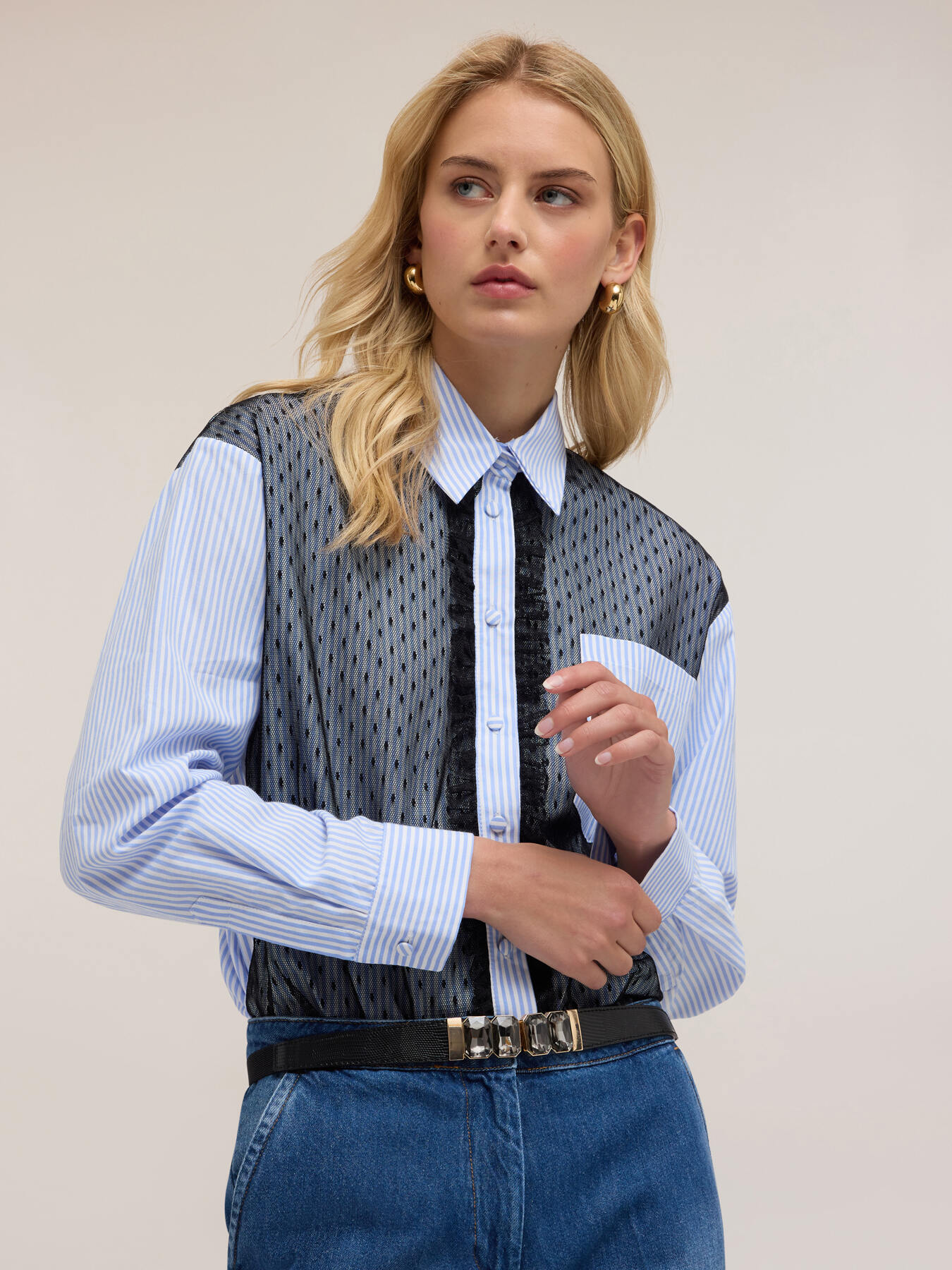 Striped shirt with plumetis tulle image number 3