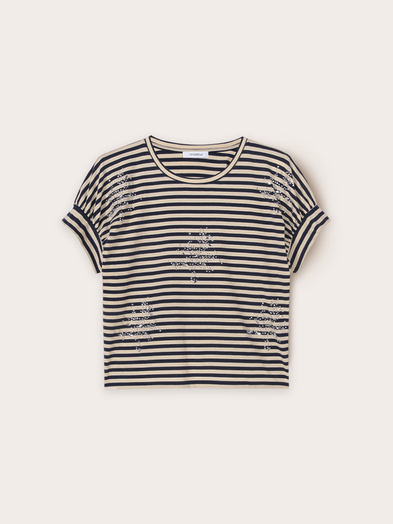T-shirt a righe con strass e pietre