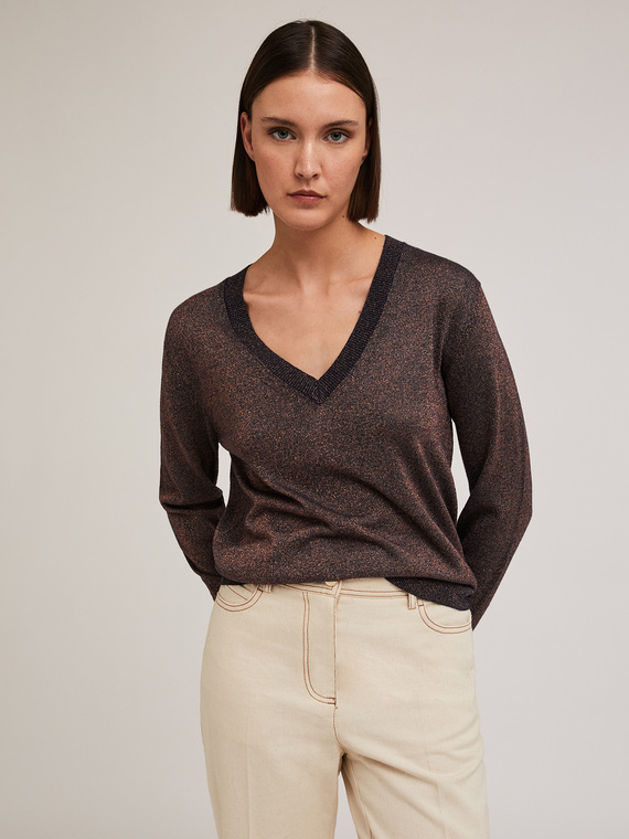 Pullover scollo a v misto lurex