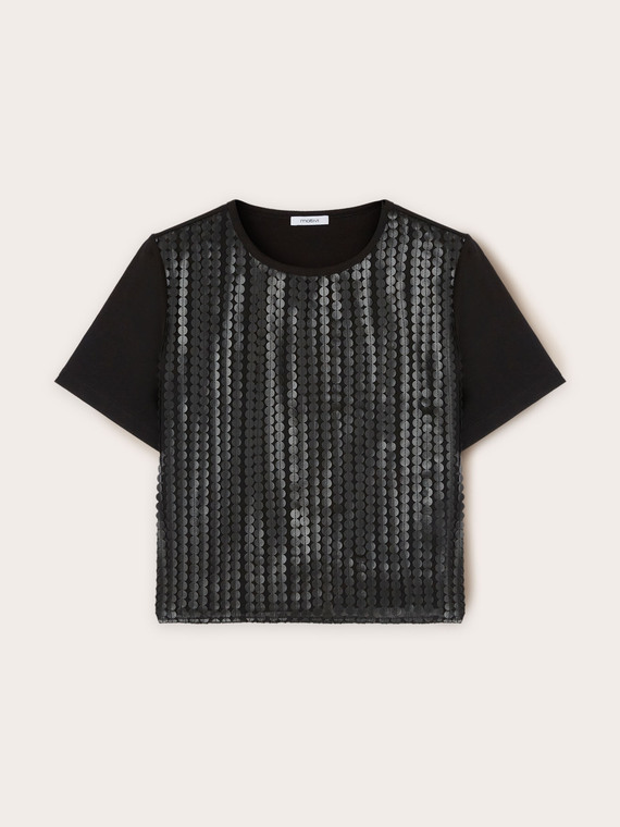 T-shirt con paillettes in tessuto spalmato