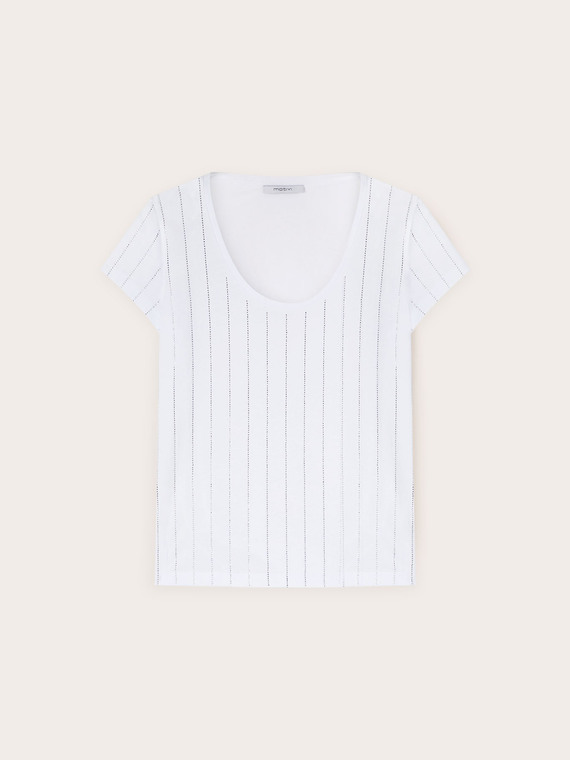 T-shirt in cotone con righe in strass