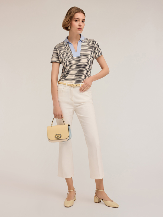 Striped t-shirt with stone-embroidered collar