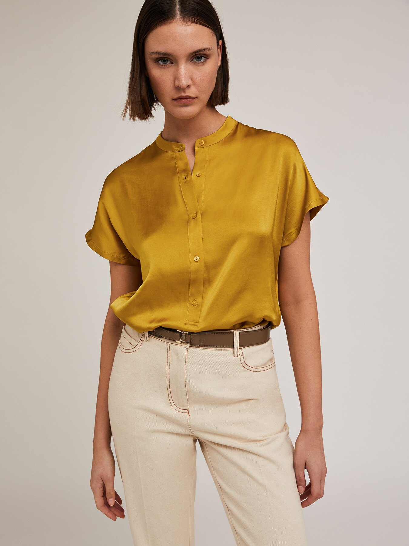 Mandarin collar dual-fabric blouse image number 2