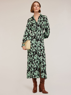 Robe chemisier en satin motif &agrave; fleurs