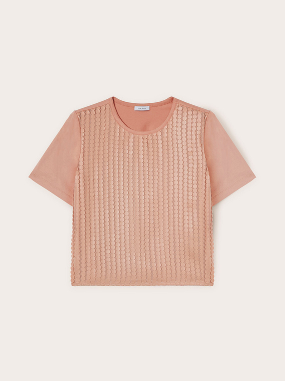 T-shirt con paillettes in tessuto spalmato
