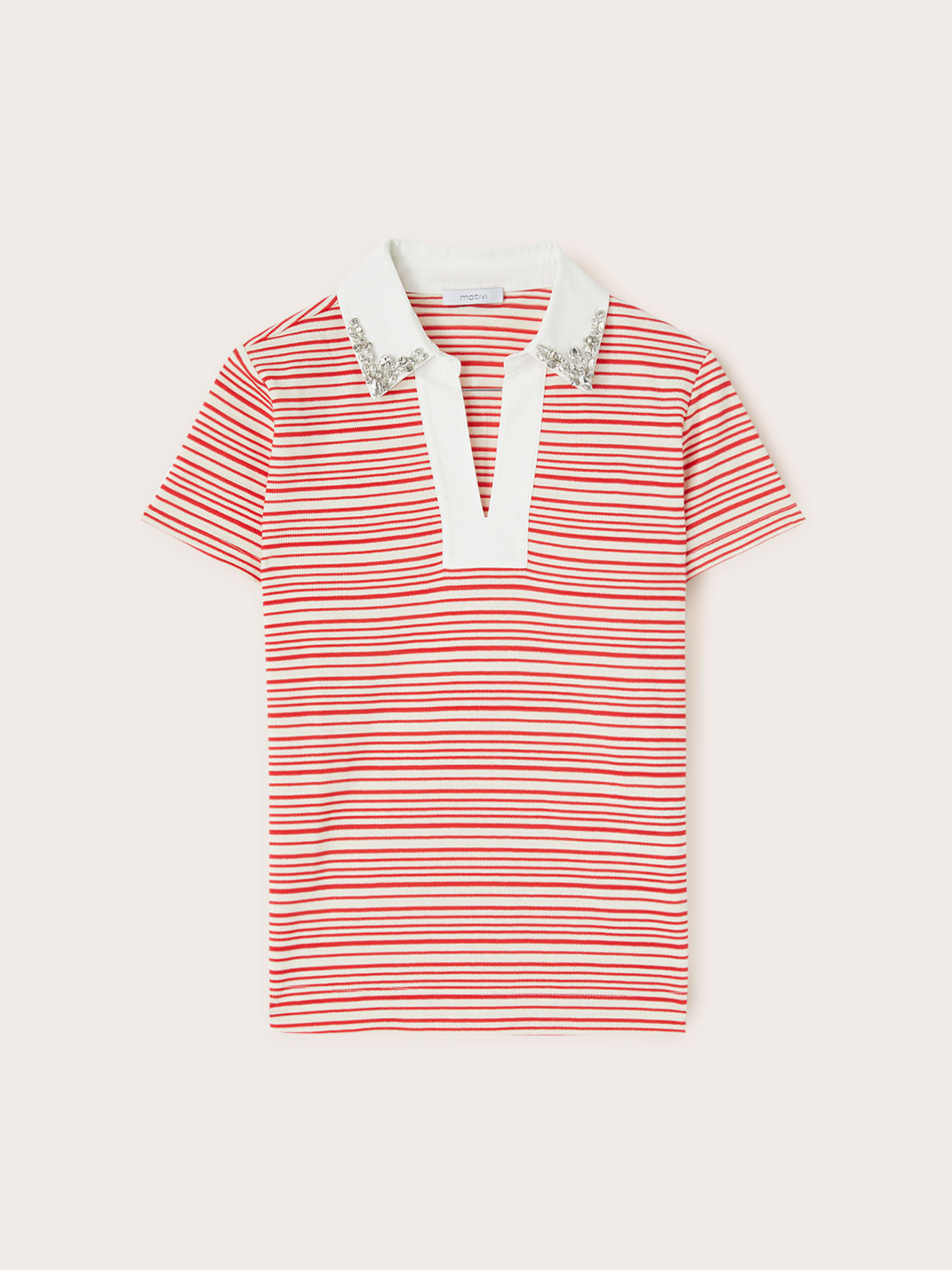 Gestreiftes T-Shirt mit mit Steinen besticktem Kragen image number 4