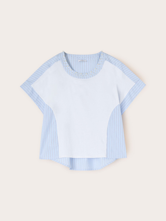 T-shirt bimaterica con ricamo di perle