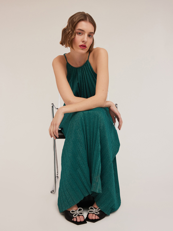 Vestito lungo in jersey lurex pliss&eacute;
