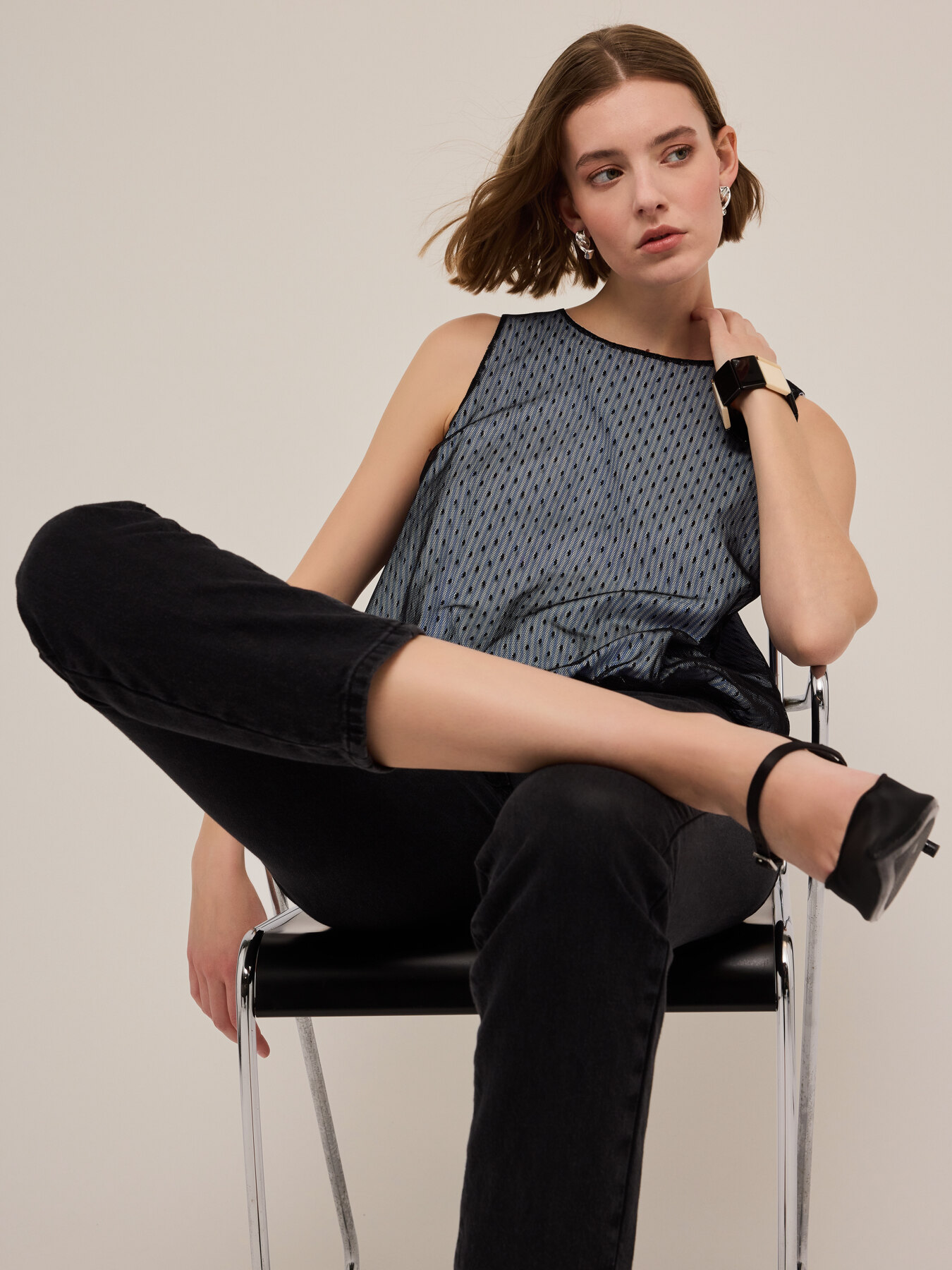 Top in popeline a righe e tulle plumetis image number 3