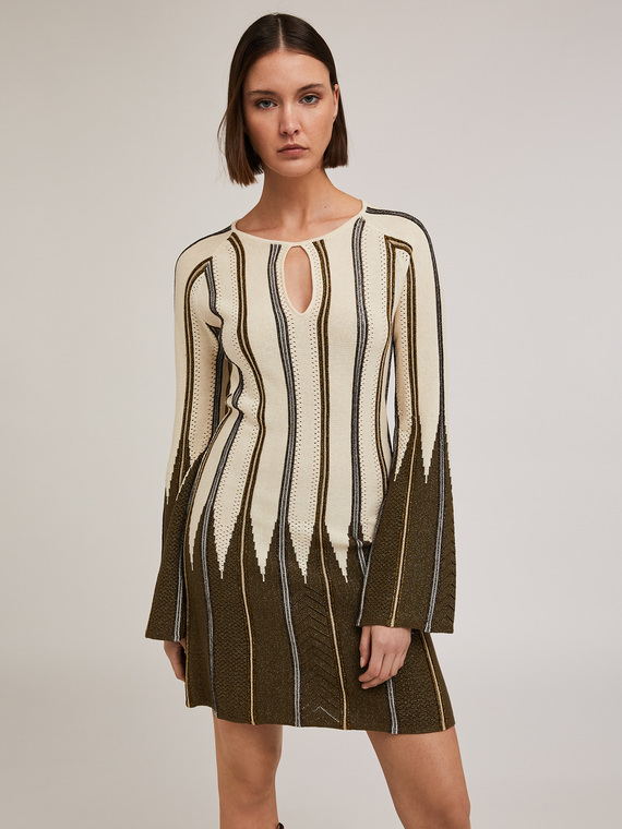 Pleated effect lurex knit striped dress
