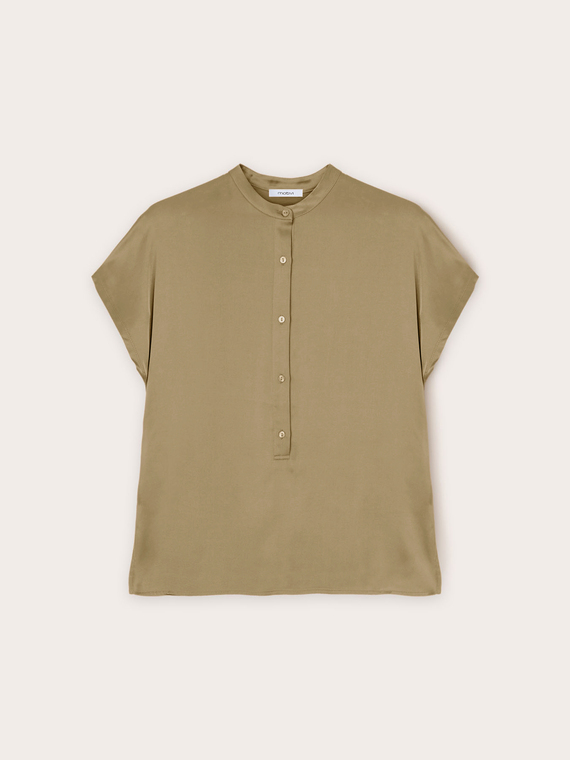 Blusa bimaterica con colletto alla coreana