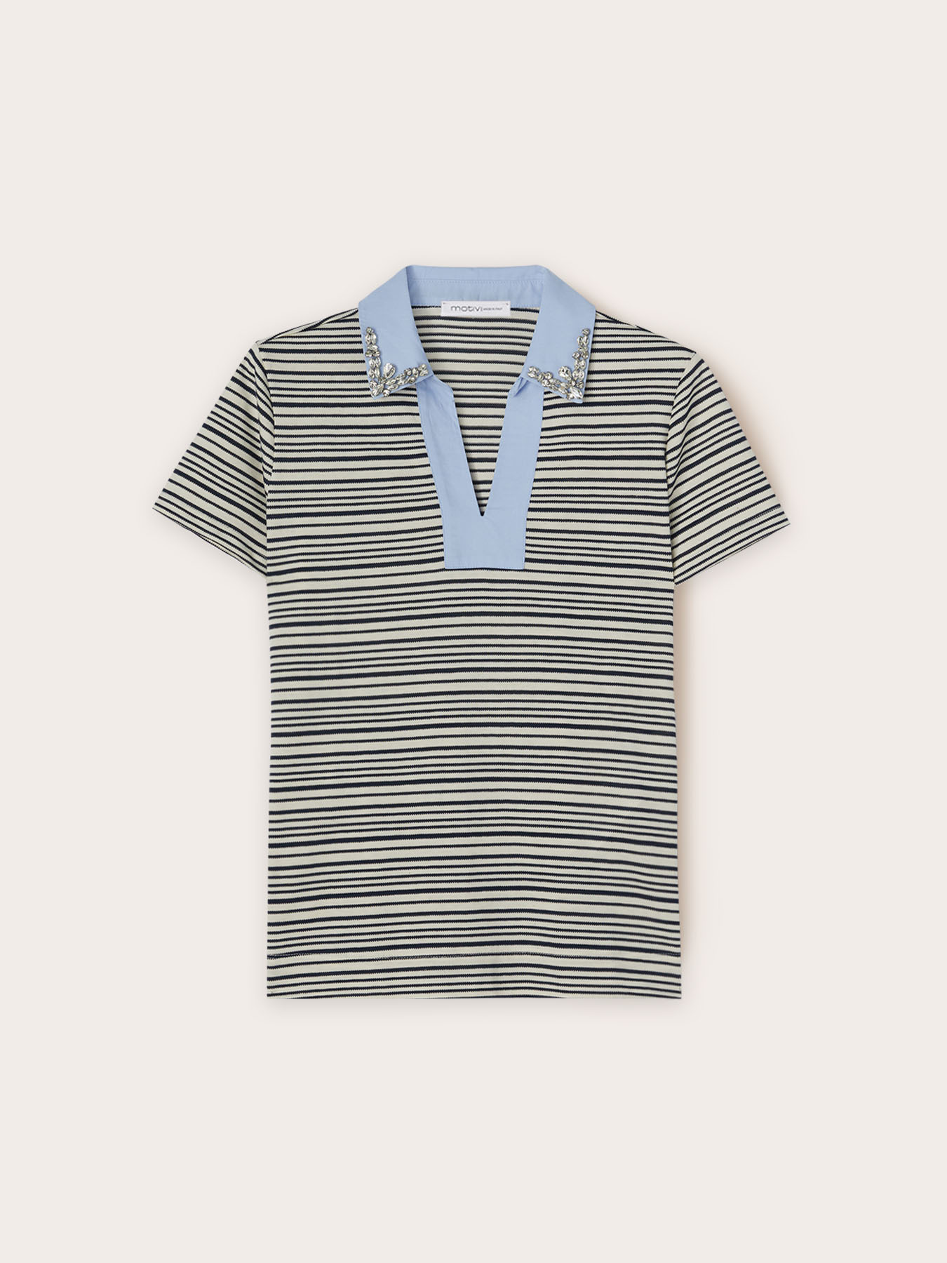 Striped t-shirt with stone-embroidered collar image number 4