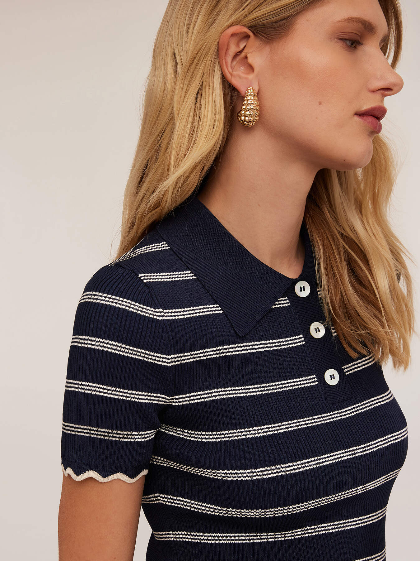 Striped pattern ribbed knit polo shirt image number 0