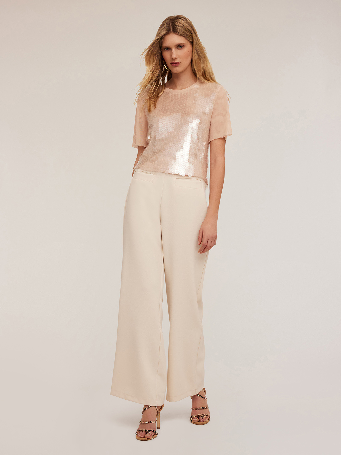 High-waisted palazzo trousers in cr&ecirc;pe fabric image number 0