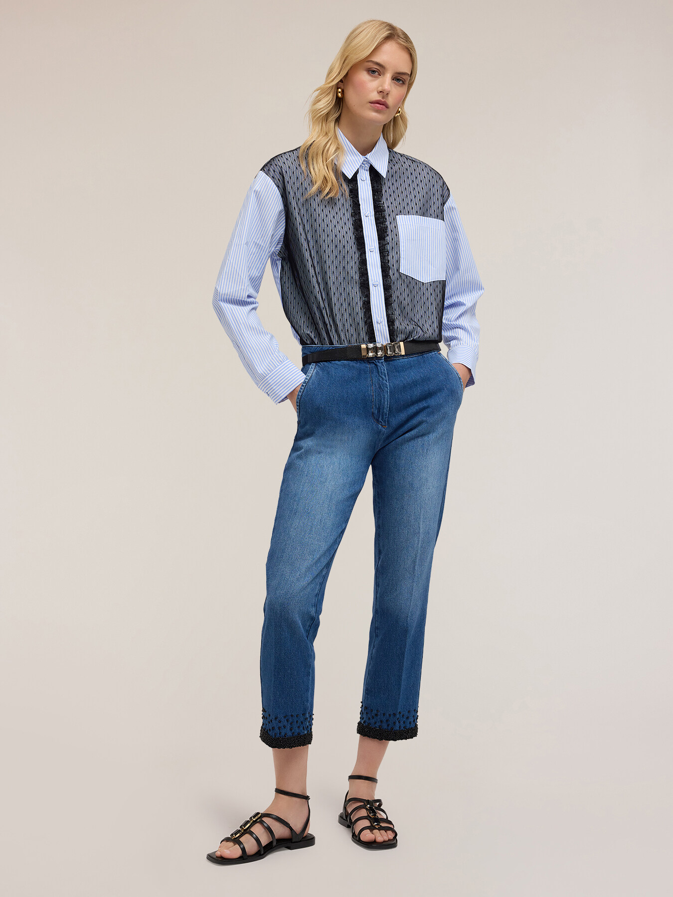 Striped shirt with plumetis tulle image number 0