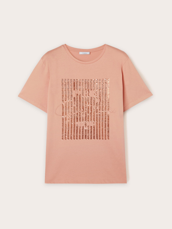 T-shirt con paillettes e scritta ricamata