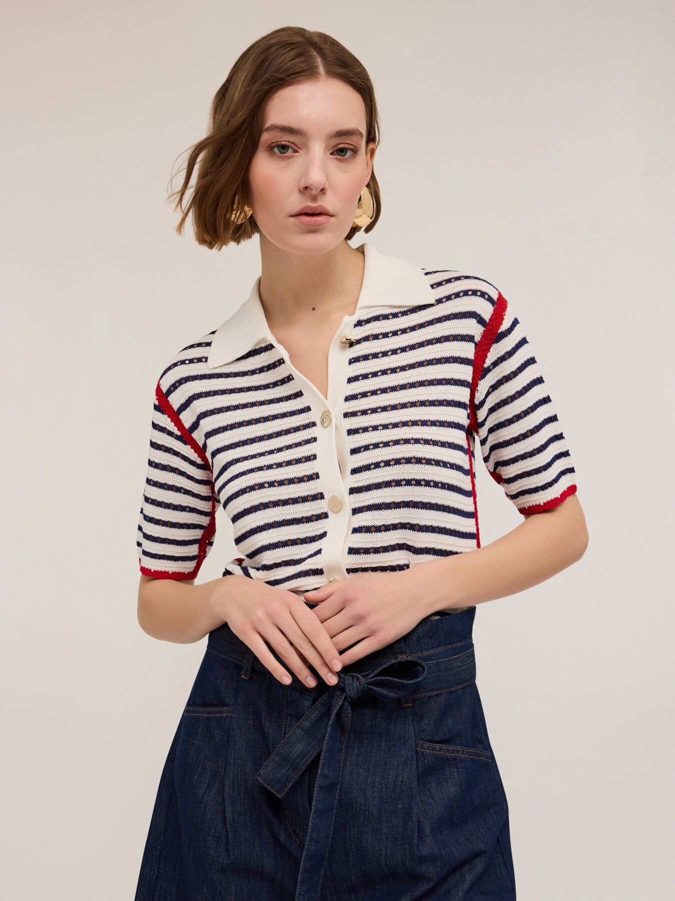 Striped crochet effect sweater with buttons image number 0