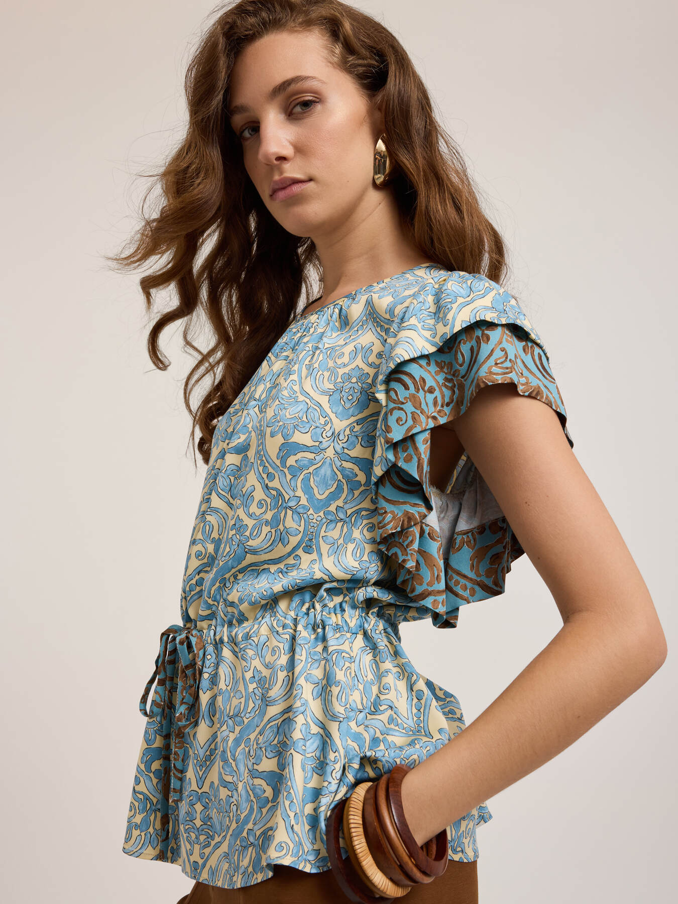 Ethnic print ruffle blouse image number 0