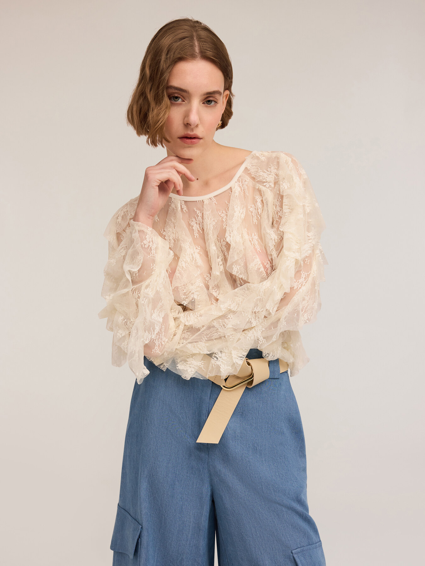 Long-sleeved lace blouse with ruching image number 0