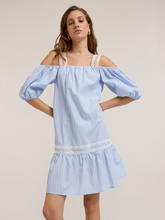 Striped poplin dress with ruffle