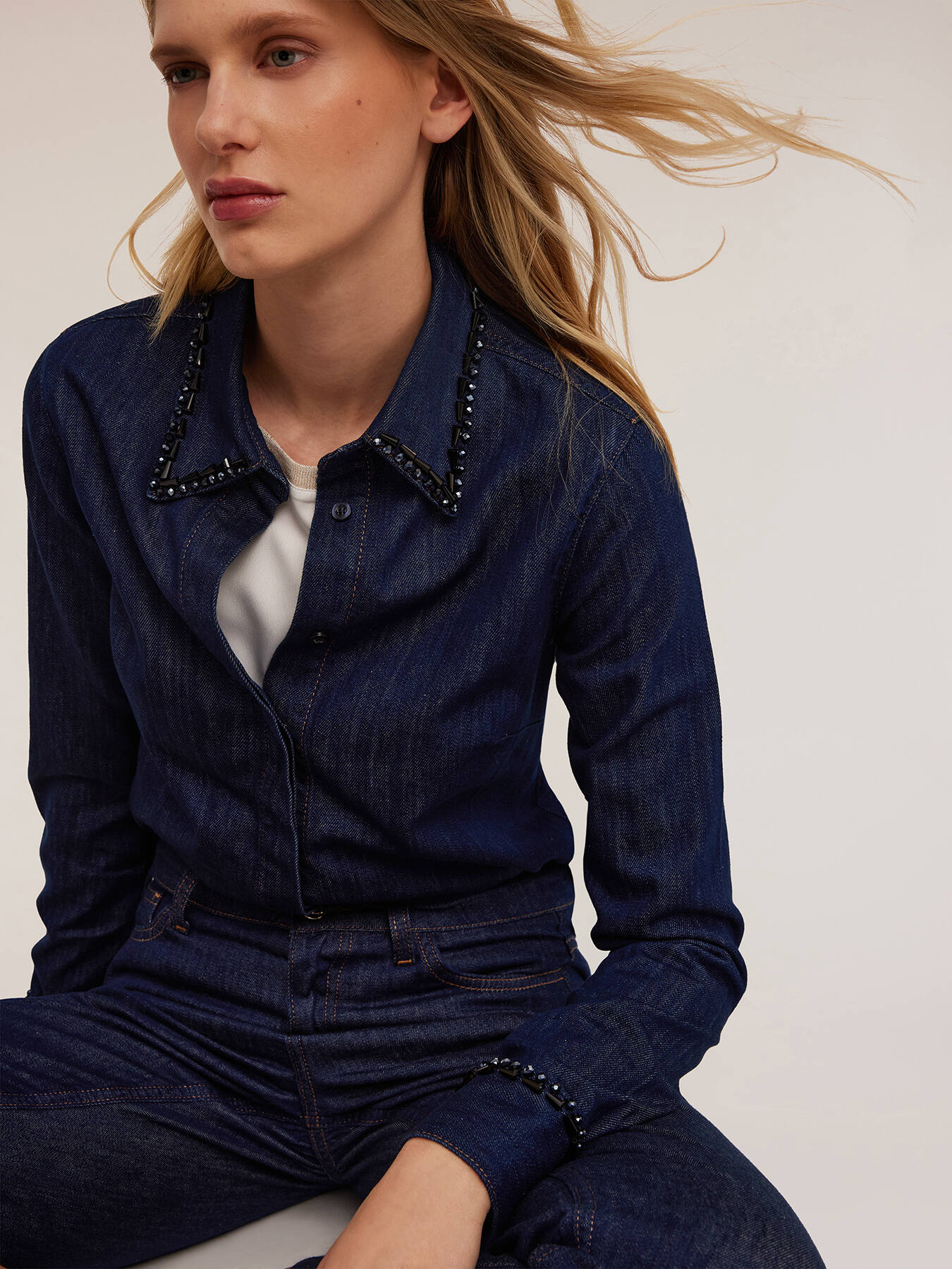 Denim shirt with embroidered stones image number 3