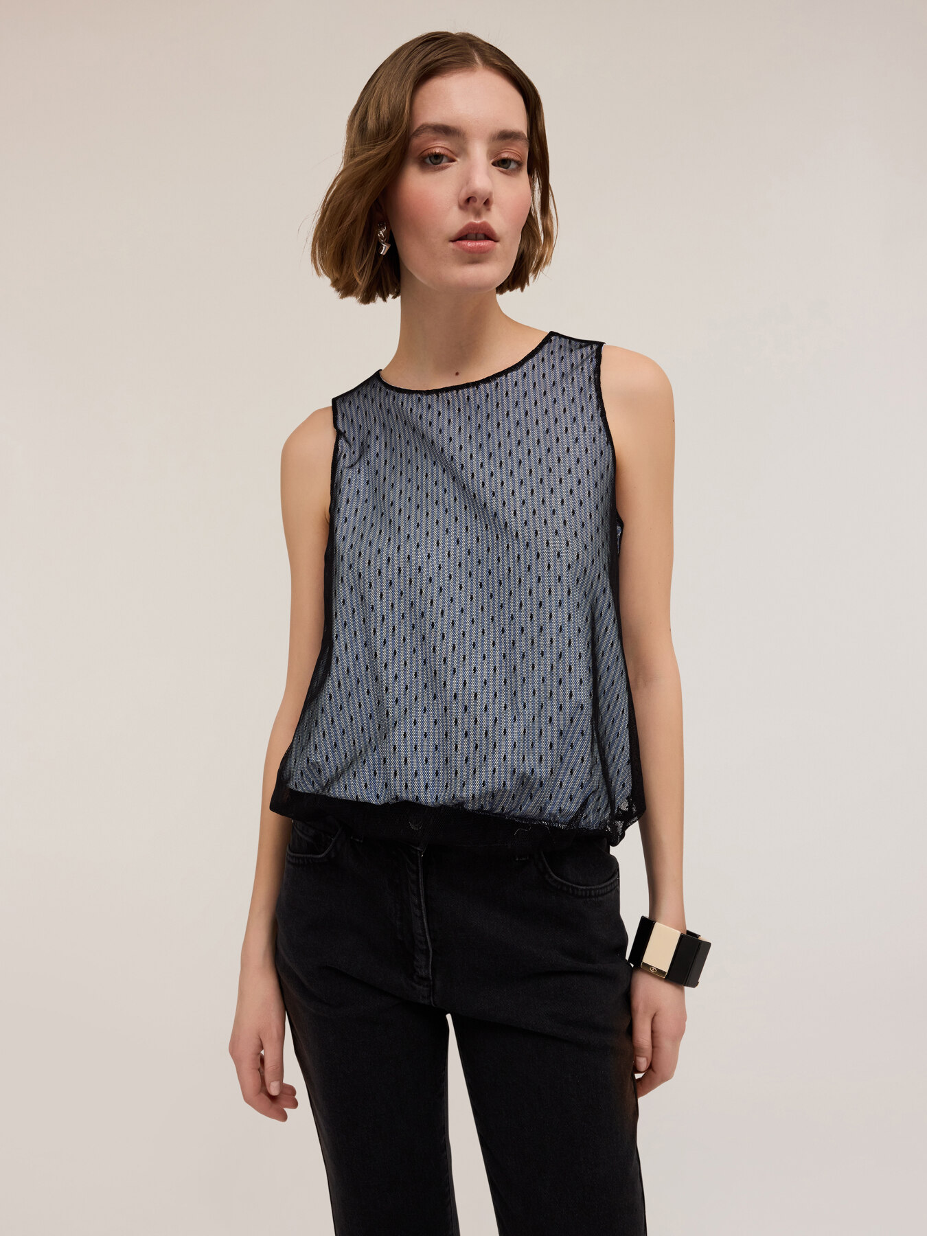 Top in popeline a righe e tulle plumetis image number 2