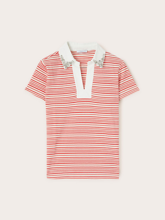 Gestreiftes T-Shirt mit mit Steinen besticktem Kragen