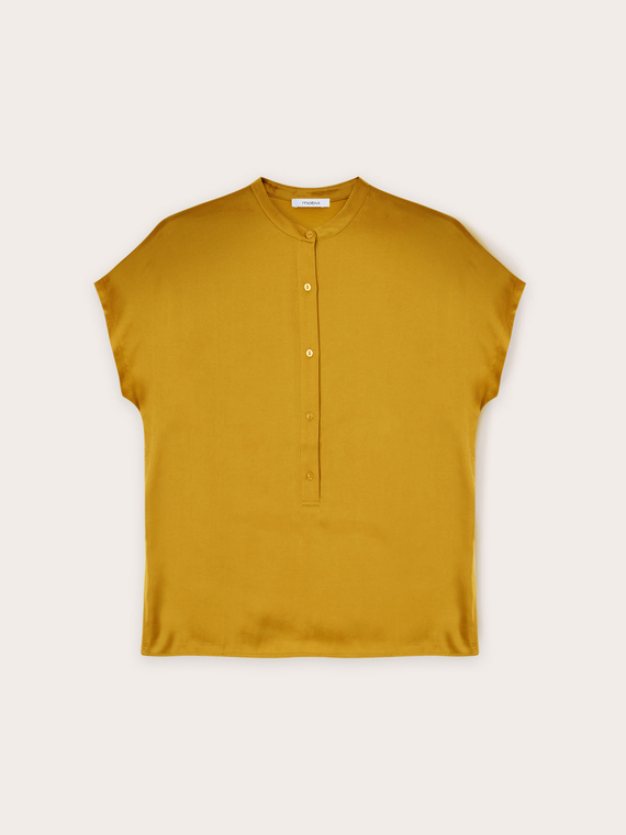 Blusa bimaterica con colletto alla coreana