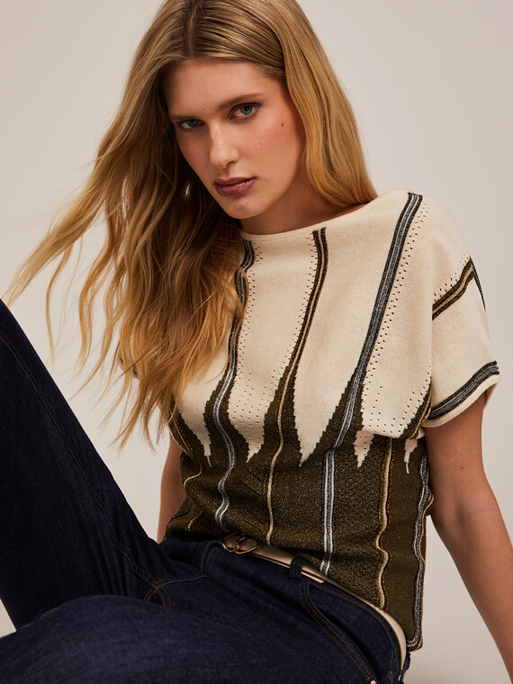 Maglia kimono a righe lurex in filato effetto pliss&eacute;