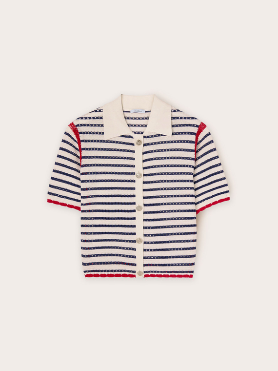 Maglia effetto crochet a righe con bottoni
